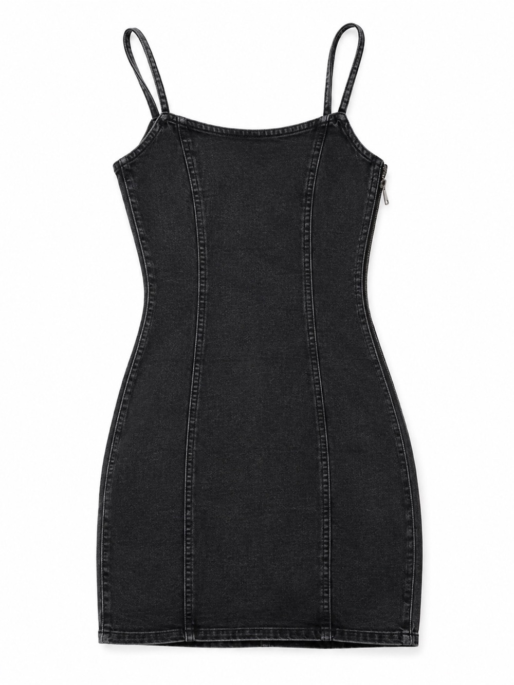 Black Denim Mini Dress with Side Zip Closure